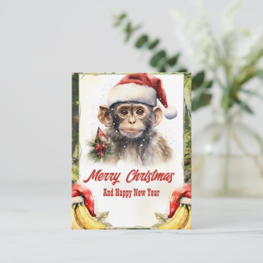 Christmas Monkey Waterverf Briefkaart (Staand voorkant)