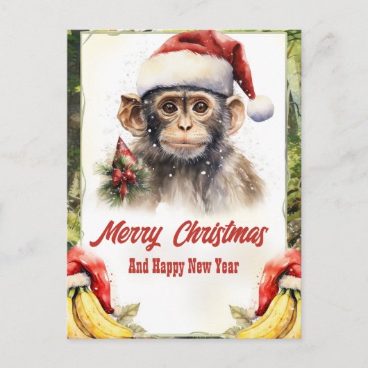 Christmas Monkey Waterverf Briefkaart (Voorkant)