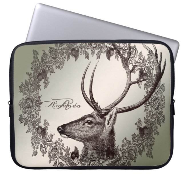 Christmas Monogram Floral Reindeer Golden Winter Laptop Sleeve (Voorkant)