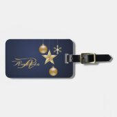 Christmas Monogram Golden Ornaments Navy Blue Bagagelabel (Voorkant horizontaal)