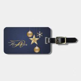 Christmas Monogram Golden Ornaments Navy Blue Bagagelabel