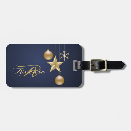 Christmas Monogram Golden Ornaments Navy Blue Bagagelabel (Voorkant horizontaal)