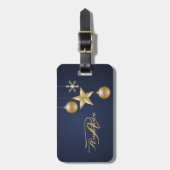 Christmas Monogram Golden Ornaments Navy Blue Bagagelabel (Voorkant verticaal)