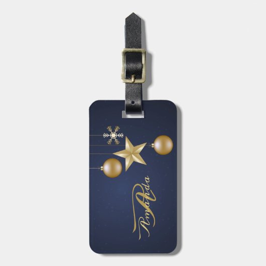 Christmas Monogram Golden Ornaments Navy Blue Bagagelabel (Voorkant verticaal)
