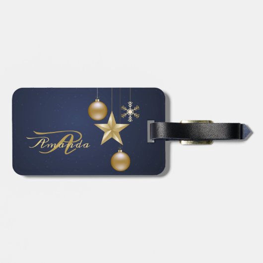 Christmas Monogram Golden Ornaments Navy Blue Bagagelabel (Achterkant horizontaal)