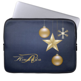 Christmas Monogram Golden Ornaments Navy Blue Laptop Sleeve