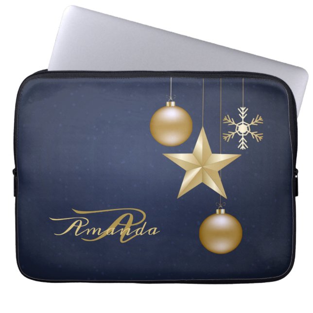 Christmas Monogram Golden Ornaments Navy Blue Laptop Sleeve (Voorkant)