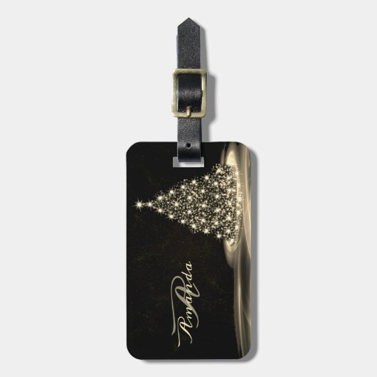 Christmas Monogram Golden Shiny Tree Winter Black Bagagelabel (Voorkant verticaal)