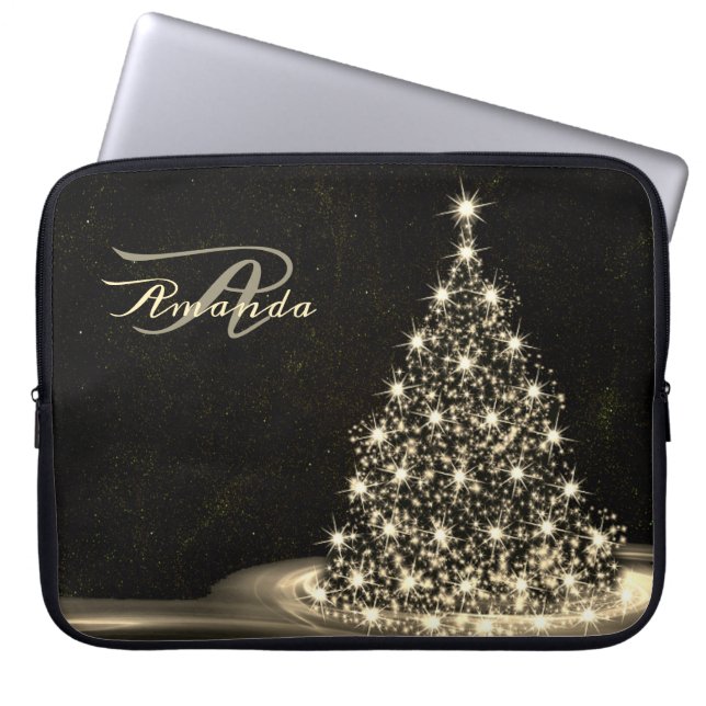 Christmas Monogram Golden Shiny Tree Winter Black Laptop Sleeve (Voorkant)