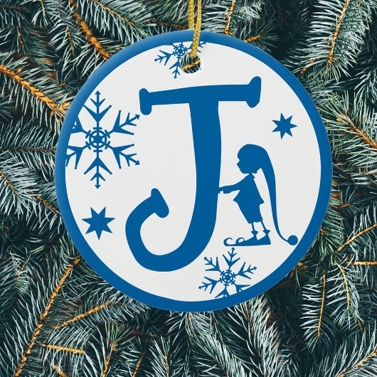 Christmas Monogram Letter J Blue White Keramisch Ornament