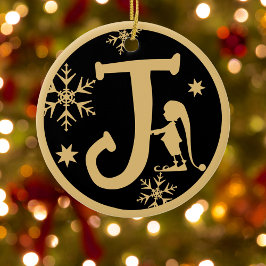 Christmas Monogram Letter J Gold Black Keramisch Ornament