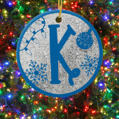 Christmas Monogram Letter K Blue Silver Glitter Keramisch Ornament