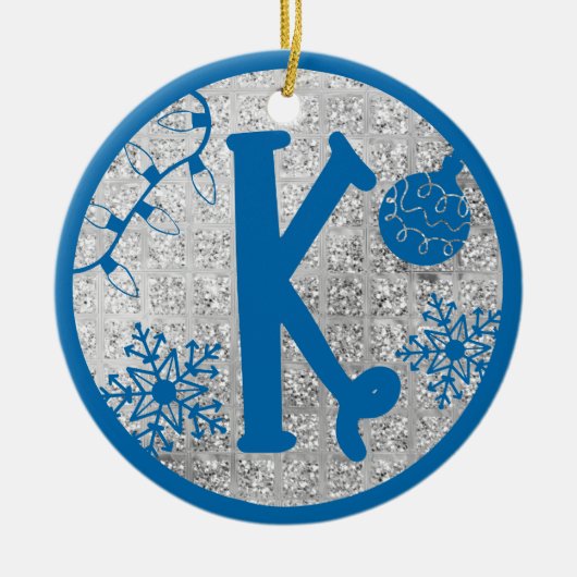 Christmas Monogram Letter K Blue Silver Glitter Keramisch Ornament (Voorkant)