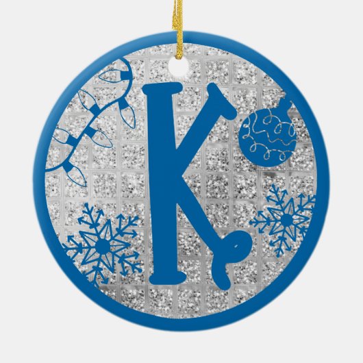 Christmas Monogram Letter K Blue Silver Glitter Keramisch Ornament (Achterkant)