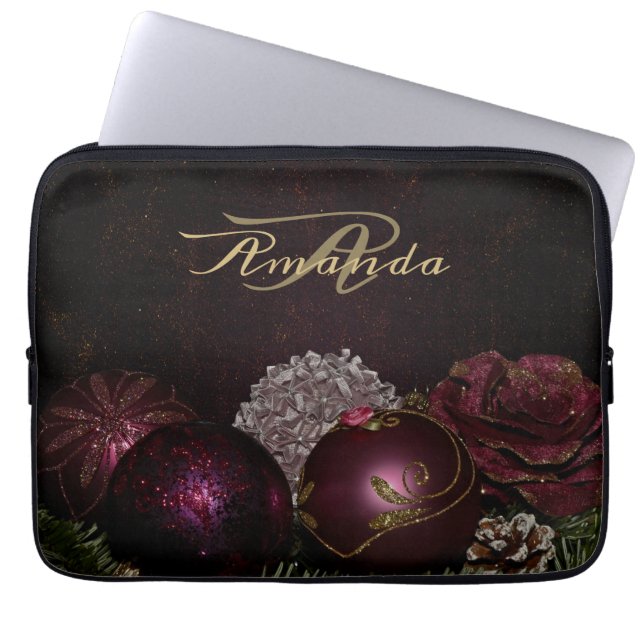 Christmas Monogram Pink Ornament Green Black Laptop Sleeve (Voorkant)