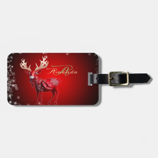 Christmas Monogram Red Reindeer Winter Holidays Bagagelabel (Voorkant horizontaal)