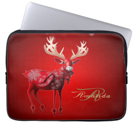 Christmas Monogram Red Reindeer Winter Holidays Laptop Sleeve