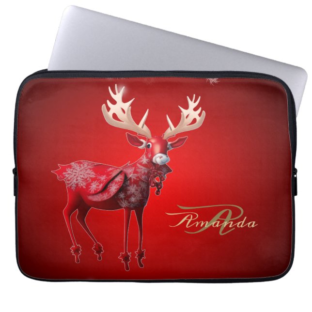 Christmas Monogram Red Reindeer Winter Holidays Laptop Sleeve (Voorkant)