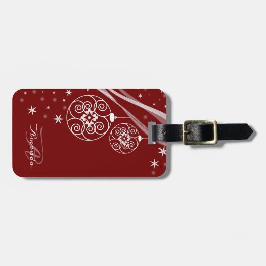 Christmas Monogram White Ornaments Red Elegant Bagagelabel (Voorkant horizontaal)