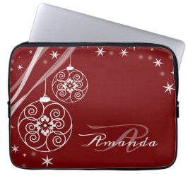 Christmas Monogram White Ornaments Red Elegant Laptop Sleeve