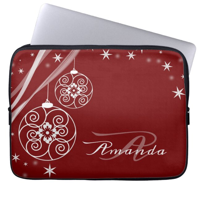 Christmas Monogram White Ornaments Red Elegant Laptop Sleeve (Voorkant)