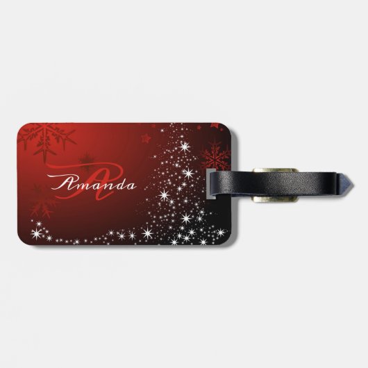 Christmas Monogram White Stars Tree Red Snowflakes Bagagelabel (Achterkant horizontaal)