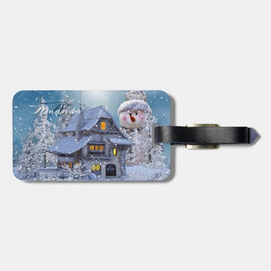 Christmas Monogram Winter White Snowman Blue Bagagelabel (Achterkant horizontaal)