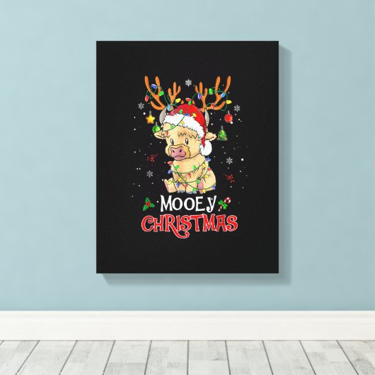 Christmas Mooey Merry Xmas Highland Cow Matching F Canvas Afdruk (Insitu (Houten vloer))