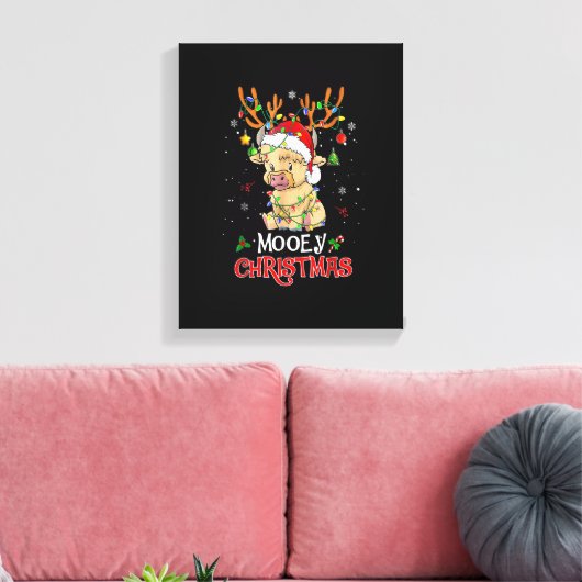 Christmas Mooey Merry Xmas Highland Cow Matching F Canvas Afdruk (Insitu (Woonkamer))