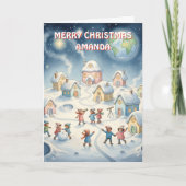 Christmas Moon Village Kids Card Feestdagen Kaart (Voorkant)