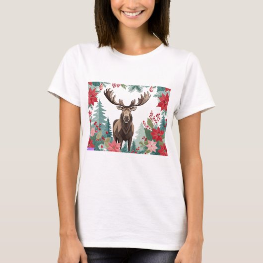 Christmas Moose And Poinsettias T-shirt (Voorkant)