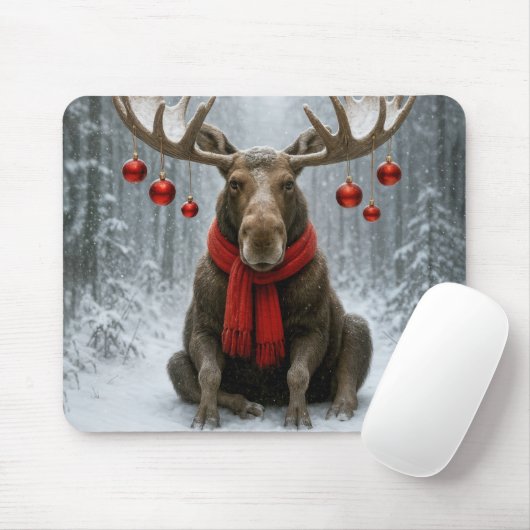 Christmas Moose In a Snowy Forest Muismat (Met muis)