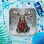 Christmas Moose In a Snowy Forest Papieren Bordje (Feest)