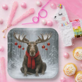 Christmas Moose In a Snowy Forest Papieren Bordje (Feest)