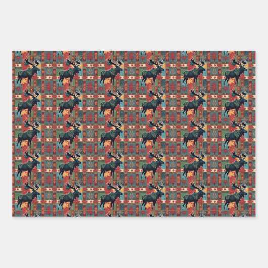 Christmas Moose Patchwork Plaid Inpakpapier Vel (Voorkant 3)