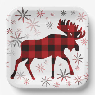 Christmas Moose rode plaids sneeuwvlokken Papieren Bordje