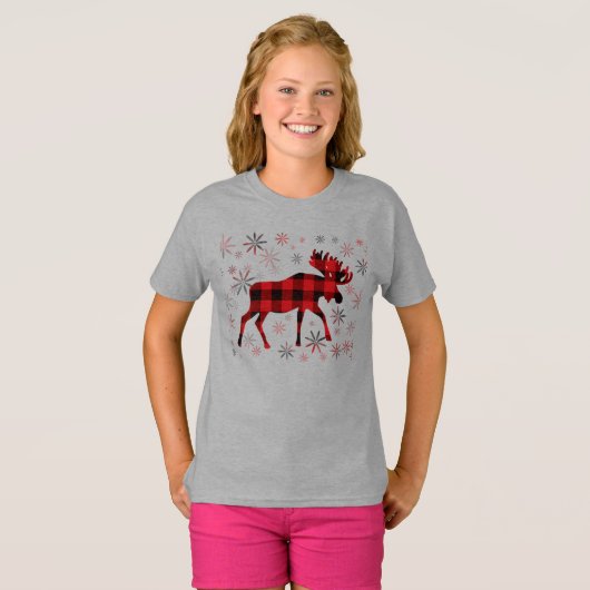 Christmas Moose rode plaids sneeuwvlokken T-shirt (Voorkant volledig)