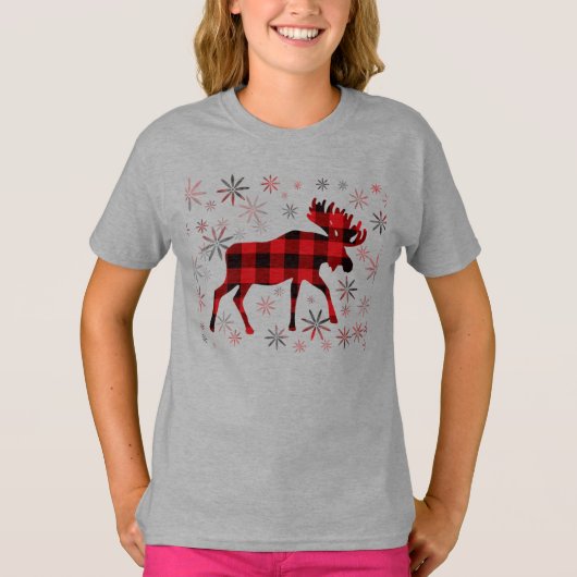 Christmas Moose rode plaids sneeuwvlokken T-shirt (Voorkant)