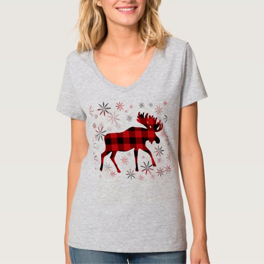 Christmas Moose rode plaids sneeuwvlokken T-shirt (Voorkant)