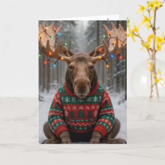 Christmas Moose Wearing an Ugly Sweater Kaart (Gele Bloem)