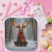 Christmas Moose Wearing Scarf and Lights Papieren Bordje (Feest)