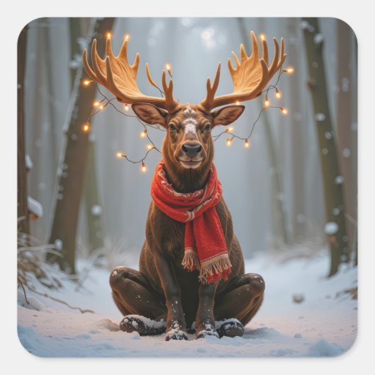 Christmas Moose Wearing Scarf and Lights Vierkante Sticker (Voorkant)