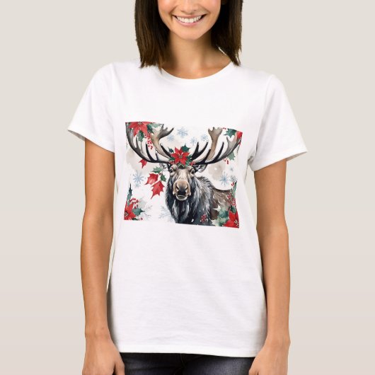 Christmas Moose With Big Antlers And Poinsettias T-shirt (Voorkant)