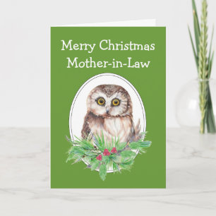 Christmas Mother-in-Law Cute Owl Bird Holly PIne Feestdagen Kaart