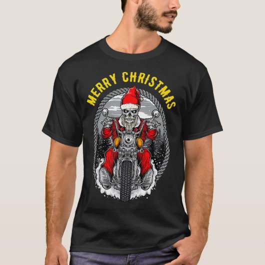 Christmas Motorcycle Santa Claus Biker Rider Skull T-shirt (Voorkant)