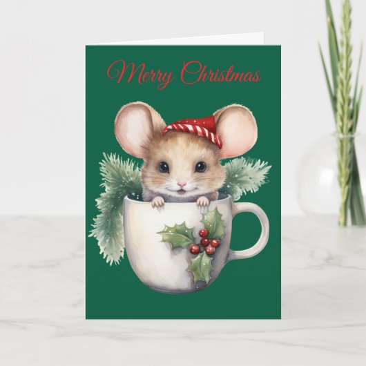 Christmas Mouse in Teacup Feestdagen Kaart (Voorkant)