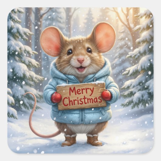 Christmas Mouse In Winter Forest Vierkante Sticker (Voorkant)