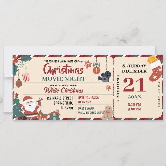 Christmas Movie Night Ticket Kaart (Voorkant)