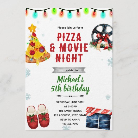 Christmas Movie Pizza and Pajama Party Invitation Kaart (Voorkant)