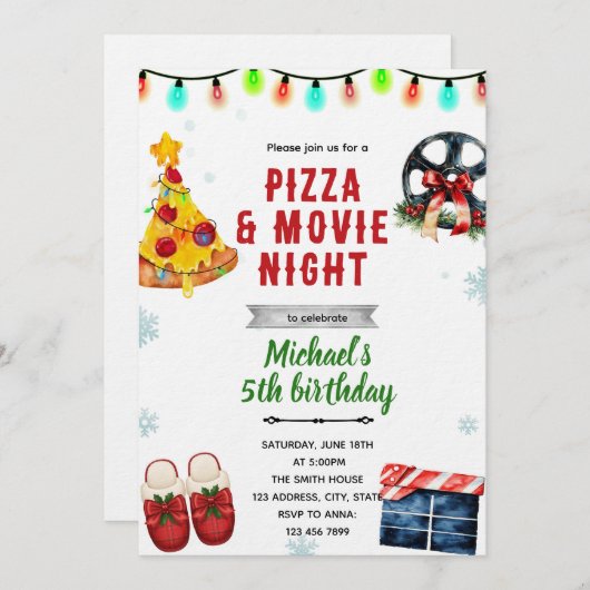 Christmas Movie Pizza and Pajama Party Invitation Kaart (Voorkant / Achterkant)